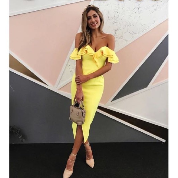 Sheike Dresses & Skirts - NEW Sheike Buttercup Yellow Allure Ruffle Off Shoulder Midi Pencil Dress 8